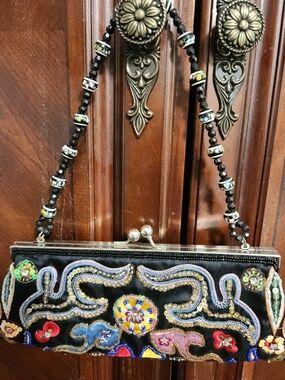 Embroidered Black Beaded Evening Clutch